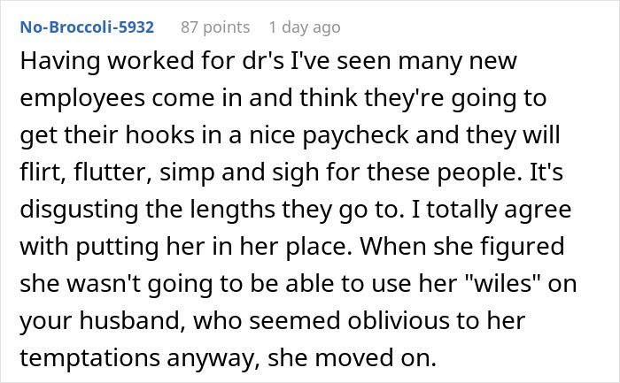 Reddit comment discussing petty revenge on husband’s coworker who tried to seduce him in workplace setting. Reddit comment discussing petty revenge on husband’s coworker who tried to seduce him in workplace setting.