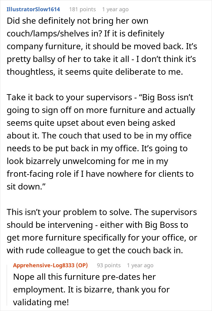 Office swap conflict as employee takes all furniture, leaving frustrated coworker tearful and supervisors urged to intervene.