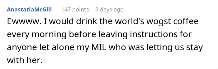 Comment text about MIL offering to make morning coffee for DIL but ignoring instructions after demand for fancy recipe.