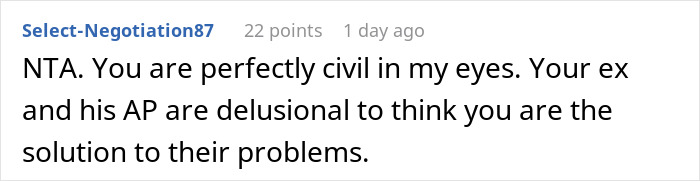 Comment from Reddit user Select-Negotiation87 discussing a cheating husband furious at ex-wife over mistress's infertility. Comment from Reddit user Select-Negotiation87 discussing a cheating husband furious at ex-wife over mistress's infertility.