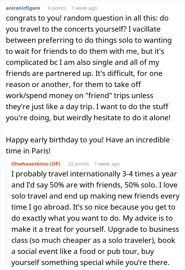 Commenters discussing solo travel experiences and advice, highlighting independence after personal relationship changes. Commenters discussing solo travel experiences and advice, highlighting independence after personal relationship changes.
