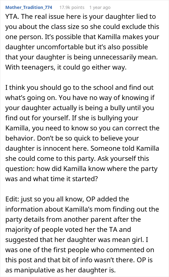 Reddit comment discussing a 13-year-old refusing to invite one girl to a party and the mom supporting the mean plan.