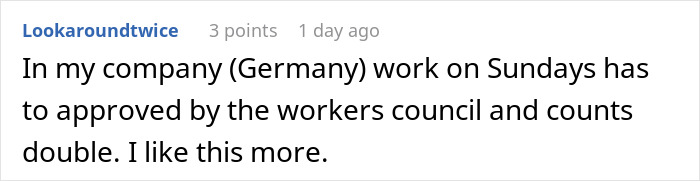 Comment discussing company policy on Sunday work approval and double pay, related to manager lets employee take time off situation.