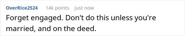 Text post discussing boyfriend's $100k renovation funding stalled by girlfriend insisting on marriage first, calling it a transaction.