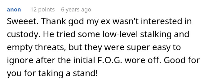 Screenshot of an online comment discussing dealing with a toxic ex and handling constant threats after custody issues.