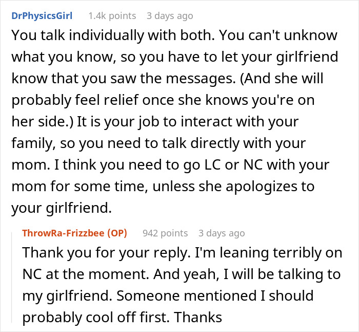 Reddit advice thread discussing a man cutting ties with his mother after her texts to his girlfriend reveal true colors.