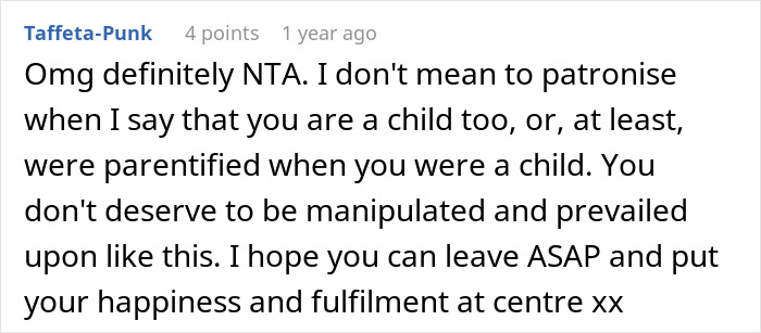 Comment on Reddit expressing support for teen telling dad she's never babysitting step-siblings again and highlighting unfair manipulation.
