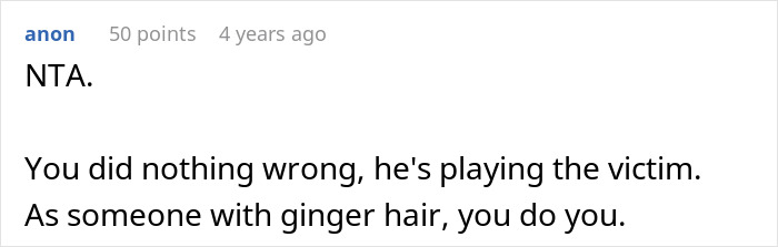 Screenshot of an online comment reassuring someone about dyeing hair orange and addressing classmate drama.
