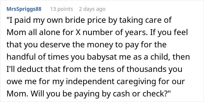 Comment discussing sister wedding money culture and disputes over bride price and caregiving compensation.