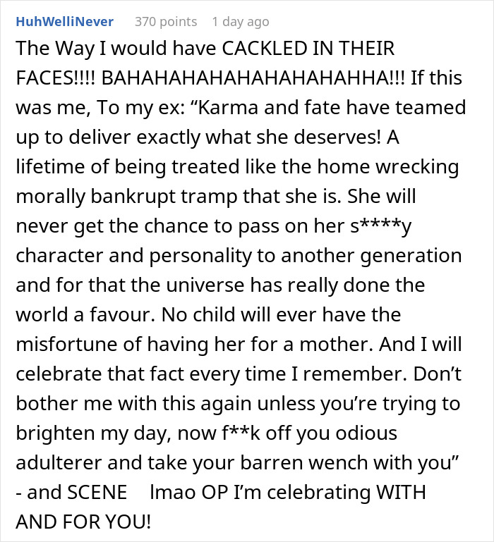 Alt text: Online comment expressing anger at cheating husband and his infertile mistress, defending ex-wife's indifference. Alt text: Online comment expressing anger at cheating husband and his infertile mistress, defending ex-wife's indifference.
