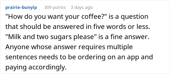Comment about MIL offering to make morning coffee for DIL but ignoring requests for a fancy coffee recipe.