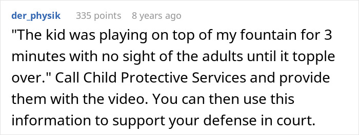 Comment discussing kids using neighbor&rsquo;s yard unsupervised, mentioning injury and legal action over $10,000 lawsuit.