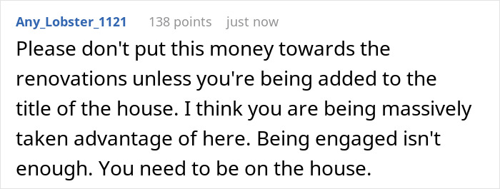 Comment arguing against funding boyfriend's $100k renovation without a ring, highlighting concerns of fairness and transaction.
