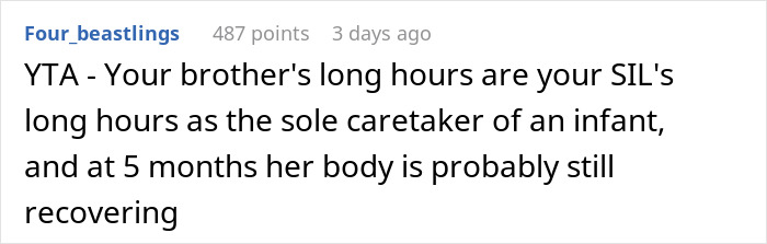 Comment discussing a sister-in-law&rsquo;s long hours as a stay-at-home mom and her body still recovering at five months.