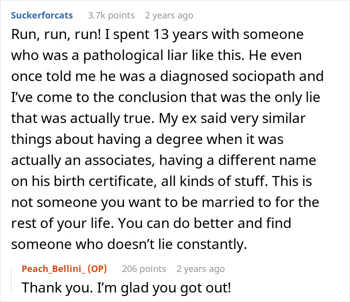 Comment about man lying about his degree and wife discovering the truth about his fake master&rsquo;s degree claim.