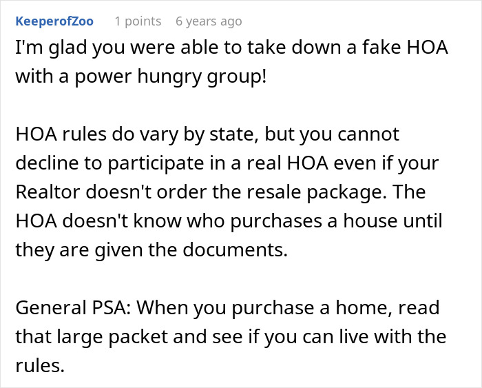 Comment discussing challenges with a stalkerish HOA president and uncovering HOA secrets leading to court action.