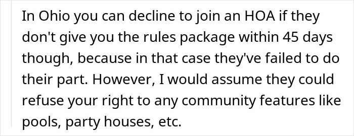 Text excerpt about Ohio HOA rules, addressing issues with HOA president behavior and legal rights in community disputes.