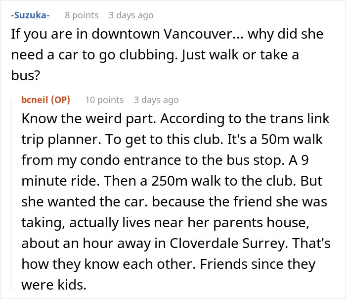 Comment discussion about girlfriend secretly going clubbing and losing his car in downtown Vancouver trip planning.