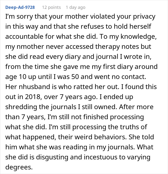 Comment describing a woman&rsquo;s struggle with trust after her mother spied on her therapy sessions and invaded her privacy.