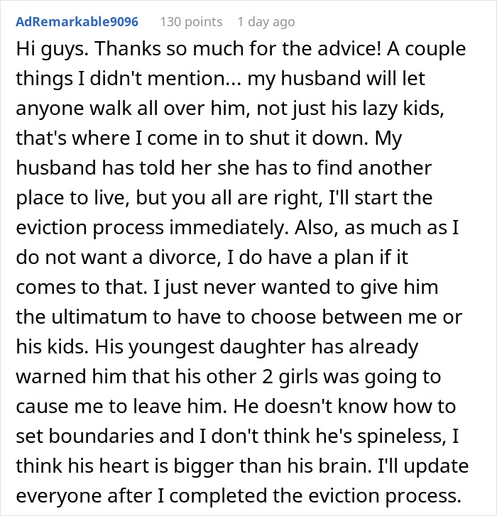 Text post from a woman discussing messy, mooching adult stepkids and her plan to start eviction and possibly sell the house.