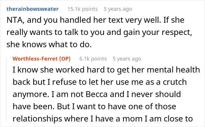 Screenshot of an online discussion about a mom throwing a fit and going no contact after her daughter changes her name. Screenshot of an online discussion about a mom throwing a fit and going no contact after her daughter changes her name.