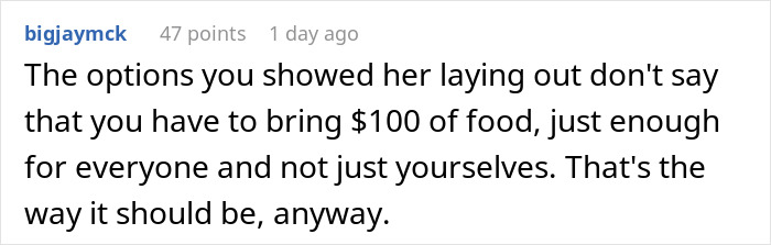 Comment discussing refusing to bring expensive food to Thanksgiving and sharing food fairly among guests.