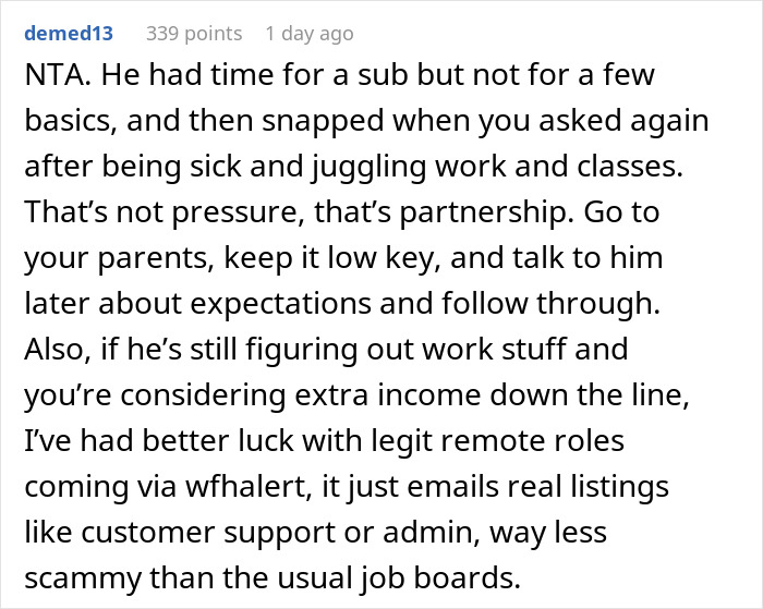 Reddit comment discussing husband struggling with Thanksgiving shopping pressure and wife deciding to ban him from buying items.