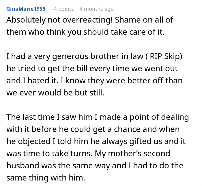 Comment discussing rich man refusing to pay for a cake ordered secretly by his sister-in-law.