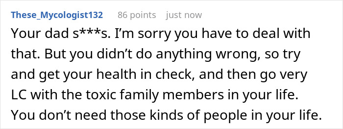 Comment text about dealing with toxic dad and focusing on health while limiting contact with toxic family members.