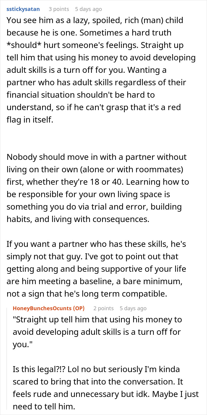 Text conversation about feeling uneasy with boyfriend mentioning moving in, fearing turning into a mommy figure, and adult skills. Text conversation about feeling uneasy with boyfriend mentioning moving in, fearing turning into a mommy figure, and adult skills.