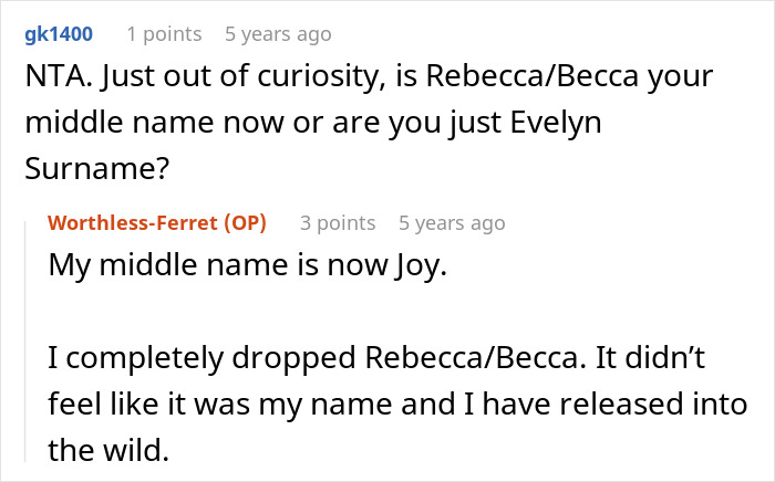 Screenshot of a Reddit conversation about a daughter changing her name and the mom's upset reaction. Screenshot of a Reddit conversation about a daughter changing her name and the mom's upset reaction.