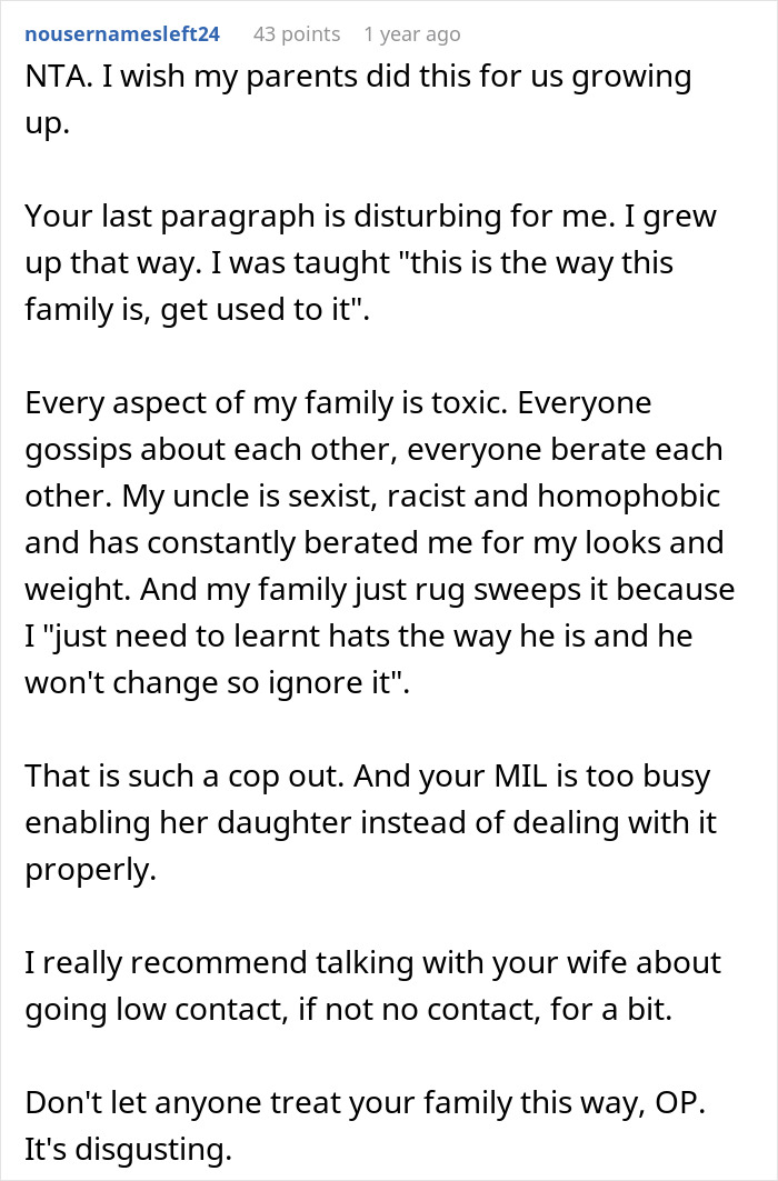 Screenshot of a Reddit comment discussing toxic family dynamics after husband drags wife and kids from Thanksgiving.
