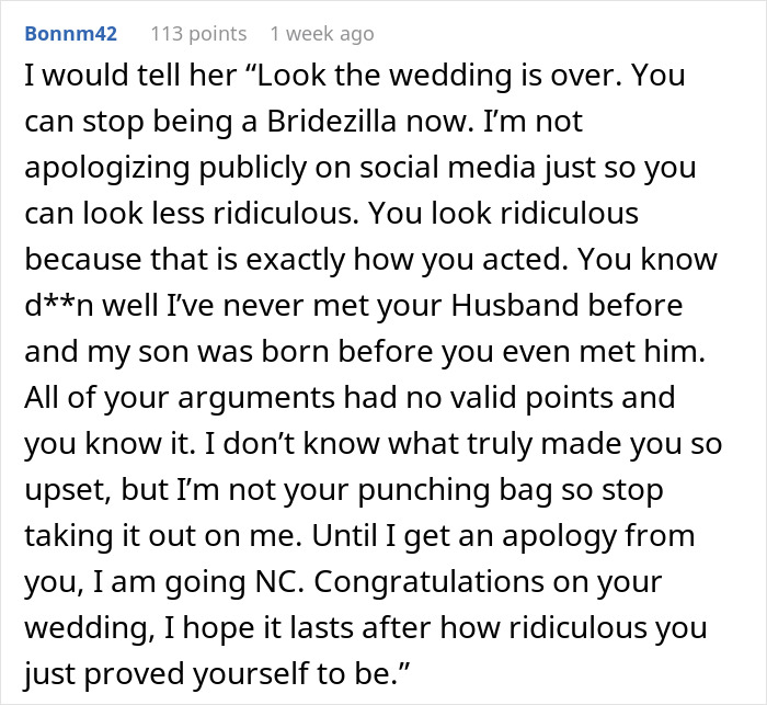 Text post showing a comment about a bride mad cousin dress wedding drama and social media apology issues.