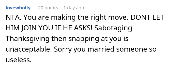 Screenshot of a Reddit comment discussing husband unable to handle Thanksgiving shopping, wife banning him from the task.