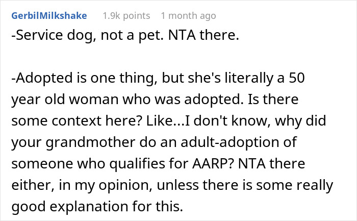 Comment discussing service dog importance and questioning adult adoption context in a woman service dog Thanksgiving drama.