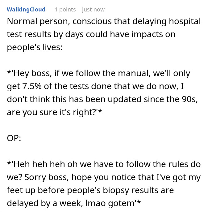 Text post showing a conversation about a boss wanting everything done by the book causing delays and office shutdown.