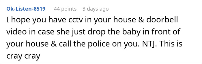 Comment discussing concern about sibling refusing newborn nephew care, mentioning CCTV and doorbell video for safety.