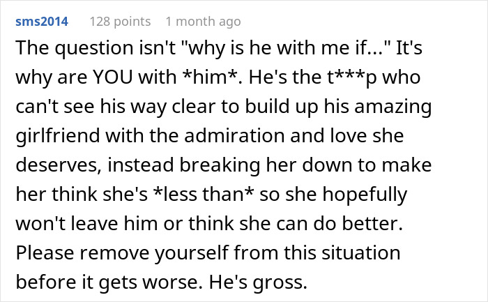 Comment criticizing man who requires girlfriend to return to 110 pounds she weighed six years ago, calling it depressing. Comment criticizing man who requires girlfriend to return to 110 pounds she weighed six years ago, calling it depressing.