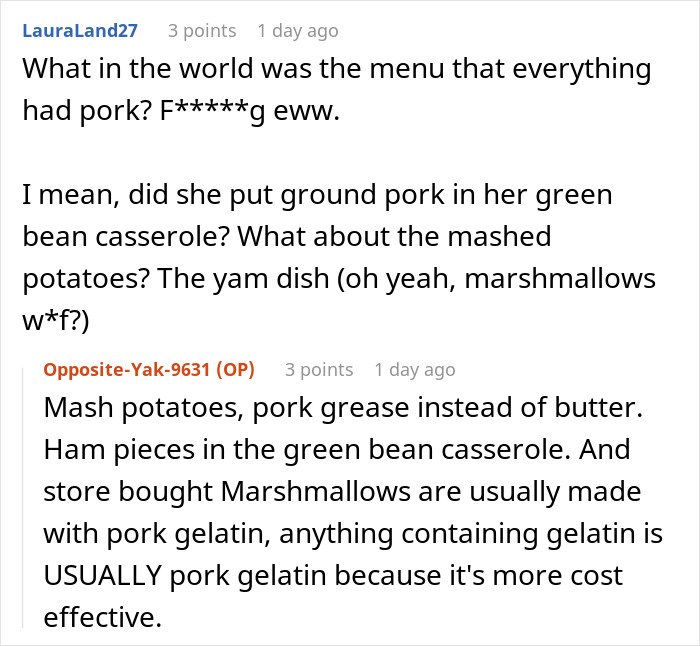 Conversation about Thanksgiving menu with pork in dishes and woman&rsquo;s heart shattered by sister-in-law&rsquo;s opinion revealed.