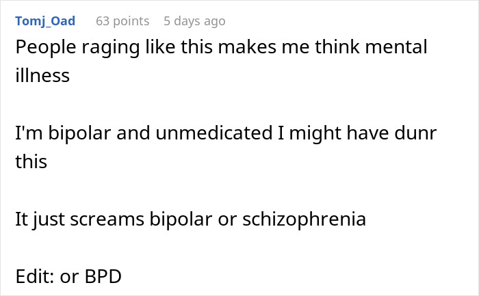 Screenshot of a Reddit comment discussing mental illness in relation to a parking lot psycho attacking a man's car.
