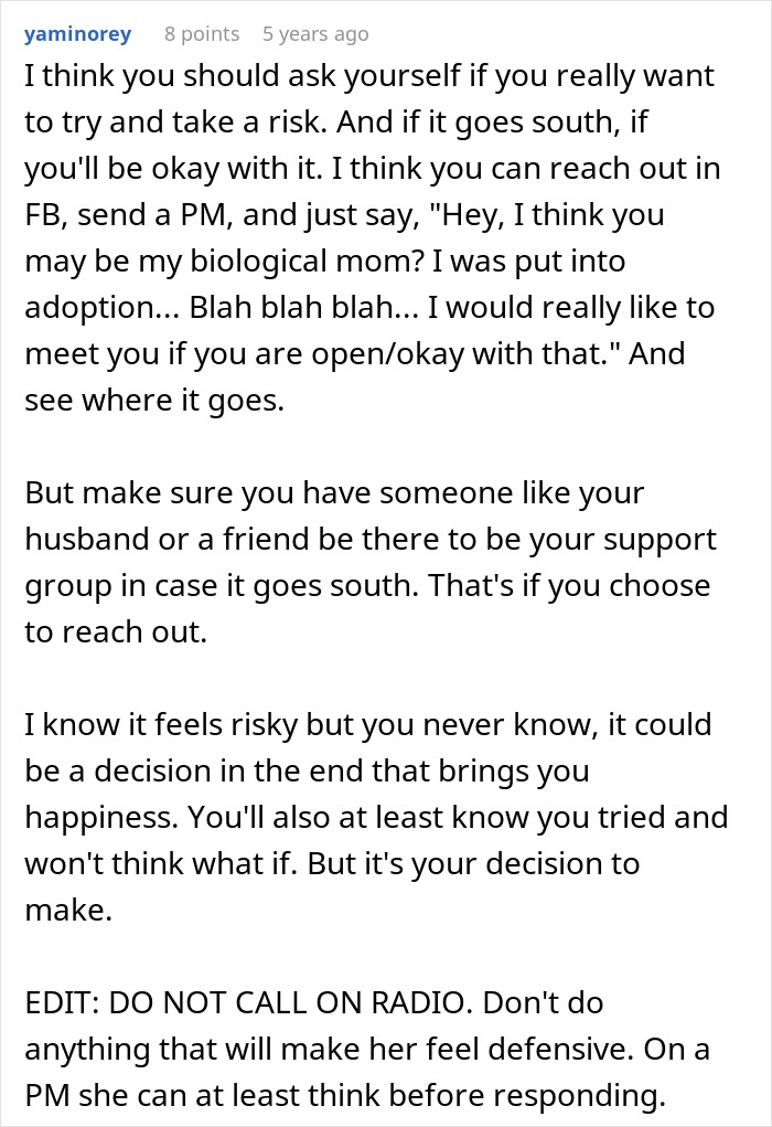 Comment discussing risks and advice for a woman wanting to reunite with her biological family despite adoptive parents' threats.