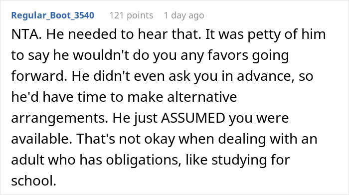 Comment discussing a guy assuming his girlfriend&rsquo;s son is a free babysitter and finally snapping about responsibility.