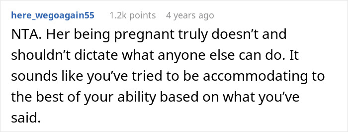 Screenshot of a Reddit comment discussing a mother-in-law telling daughter-in-law pregnancy complaints shouldn&rsquo;t control others.