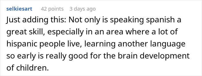 Comment discussing the importance of early Spanish lessons for children&rsquo;s brain development in a Hispanic community.