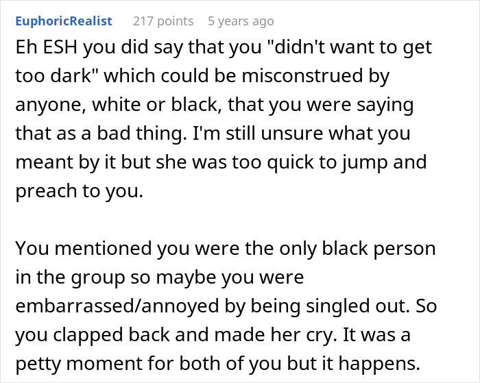 Screenshot of a Reddit comment discussing a white lady lecturing her black friend about accepting her natural skin and surgery choices.
