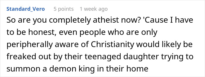 Screenshot of an online comment discussing a daughter&rsquo;s paganism and reactions involving family and beliefs.