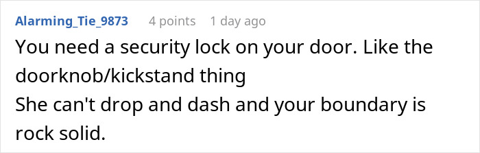 Screenshot of an online comment suggesting a security lock to enforce babysitting boundaries after a $312 bill dispute. Screenshot of an online comment suggesting a security lock to enforce babysitting boundaries after a $312 bill dispute.