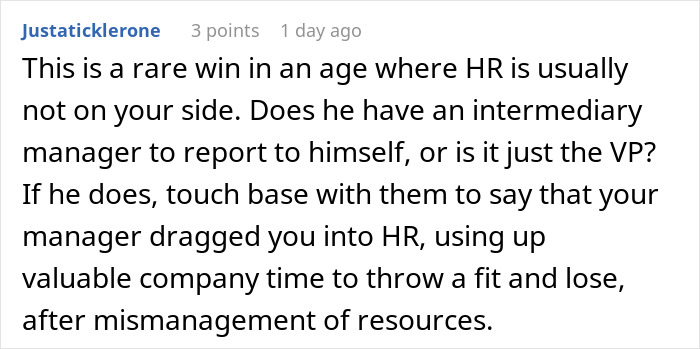Comment thread showing a user discussing a manager who lets employee take time off but then freaks out when it happens.