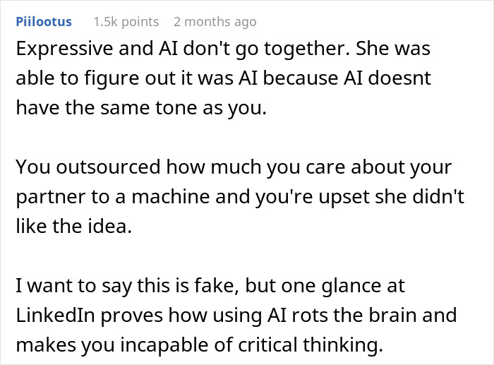 Comment criticizing using AI for wedding vows, highlighting how AI affects tone and emotional expression.
