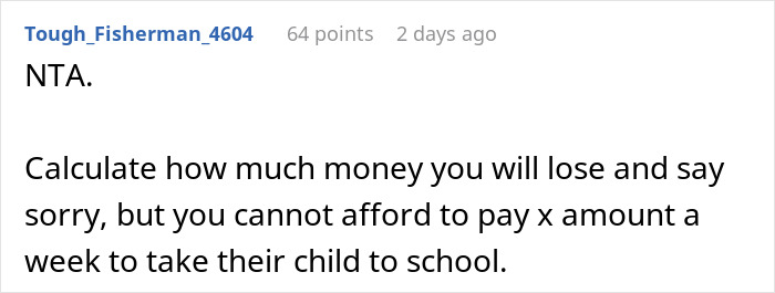 Comment on a forum explaining why a woman refuses to take her niece to school, citing financial reasons.